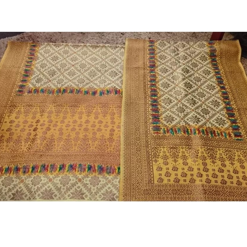 Kain songket palembang dimensi kombinasi putih gold set selendang