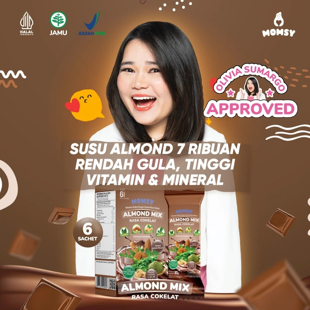 

MOMSY ALMOND MIX RASA COKELAT 6 sachet Susu Pelancar ASI Daun Katuk Daun Kelor Almond Kedelai Rendah Gula BPOM & HALAL