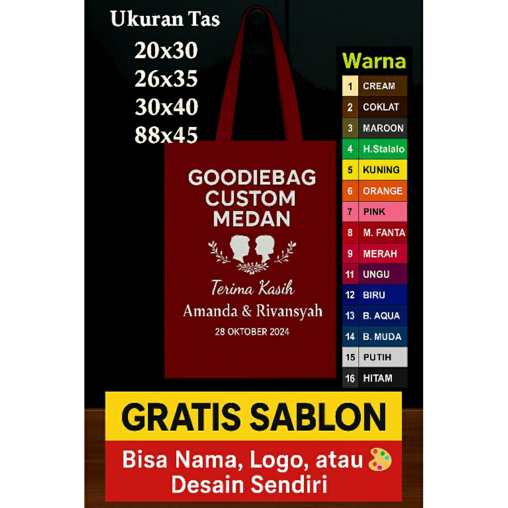 

Tas Goodie Bag Kain Custom Sablon 1 Warna Murah Spunbond Gambar Logo Ulang Tahun Seminar Wedding