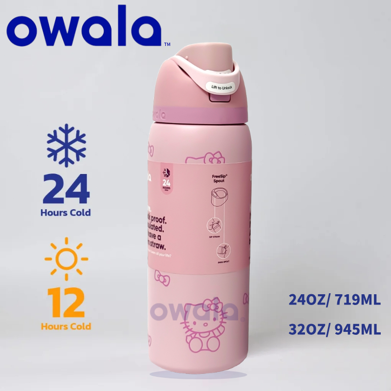 Owala  FreeSip™ 24oz 32oz  Hello Kitty Botol Air Stainless Steel Terisolasi dengan Sedotan untuk Per