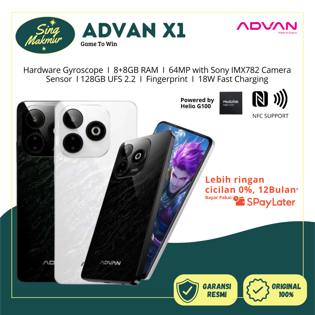 ADVAN Smartphone X1 Mediatek Helio G100 8GB+8GB/128GB High 120Hz IPS FHD+ Sony 64MP UFS 2.2 NFC