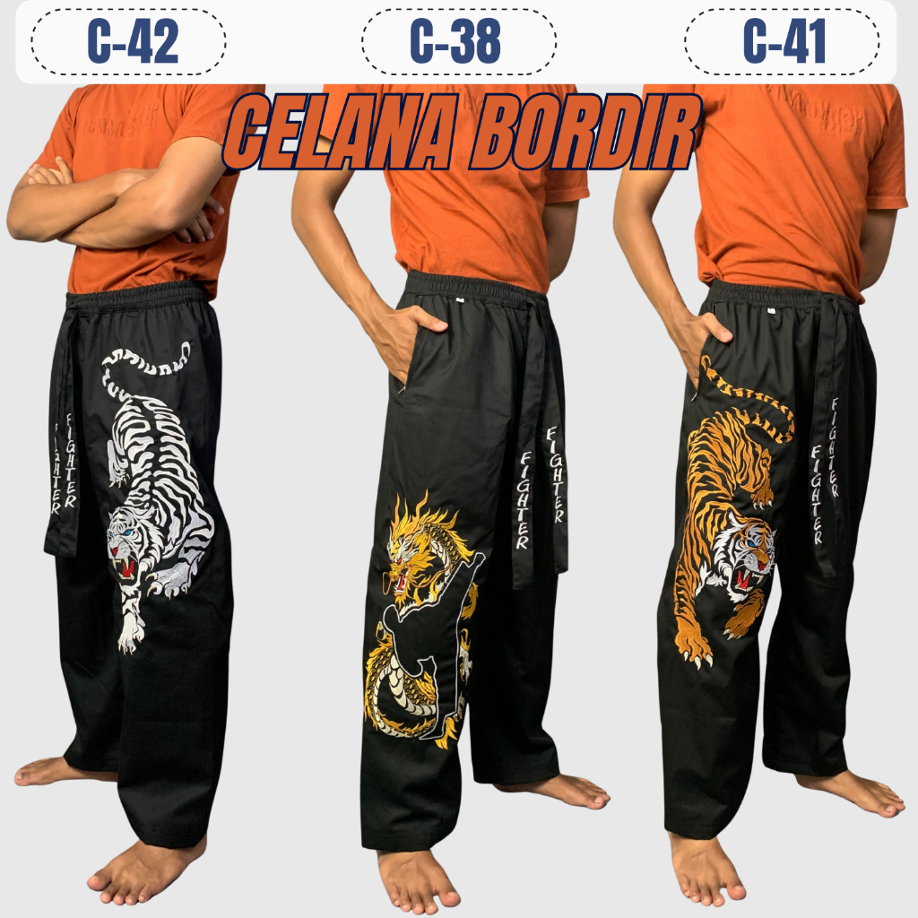 Celana Pakaian Silat Bordir Motif Gambar Naga Harimau Macan Komprang Kombor Panjang Bahan Tebal