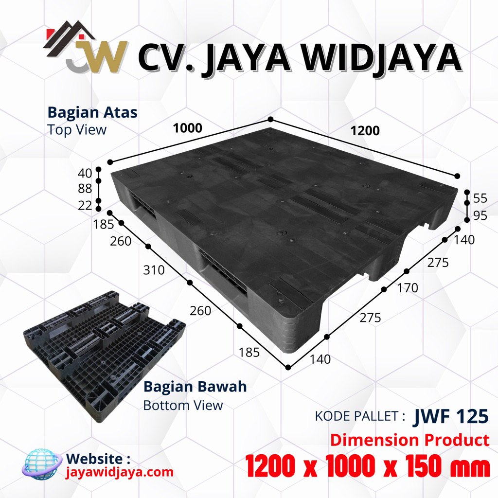 PALLET PLASTIK JWPLAST | PALLET PLASTIK JWF 125 HITAM | UKURAN 1200 x 1000 x 150 | SINGLE DECK PALLE