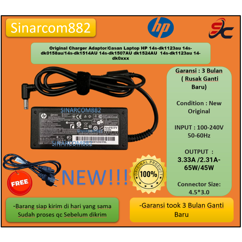 Original Charger Adaptor/Casan Laptop HP 14s-dk1123au 14s-dk0158au/14s-dk1514AU 14s-dk1507AU dk1524A