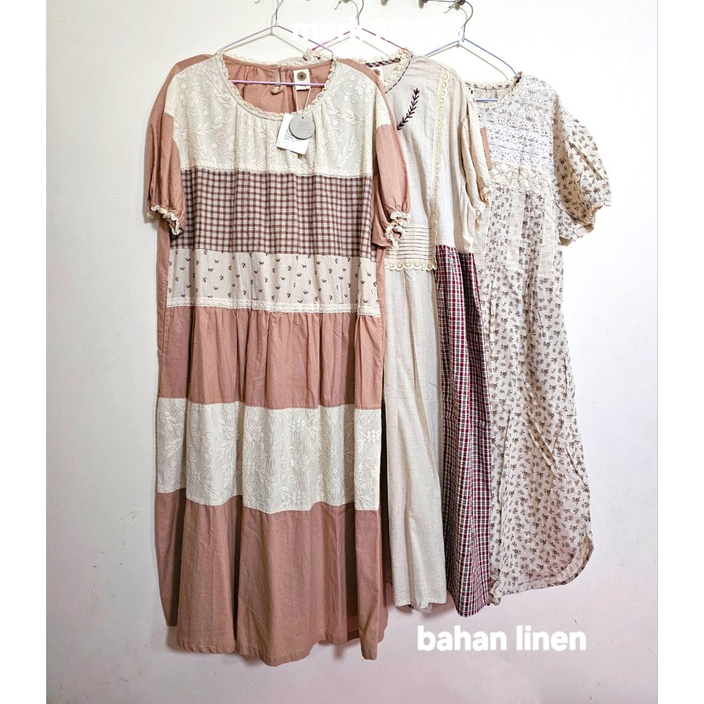 Dress panjang BKK motif patchwork lengan pendek bahan linen merk MUYE