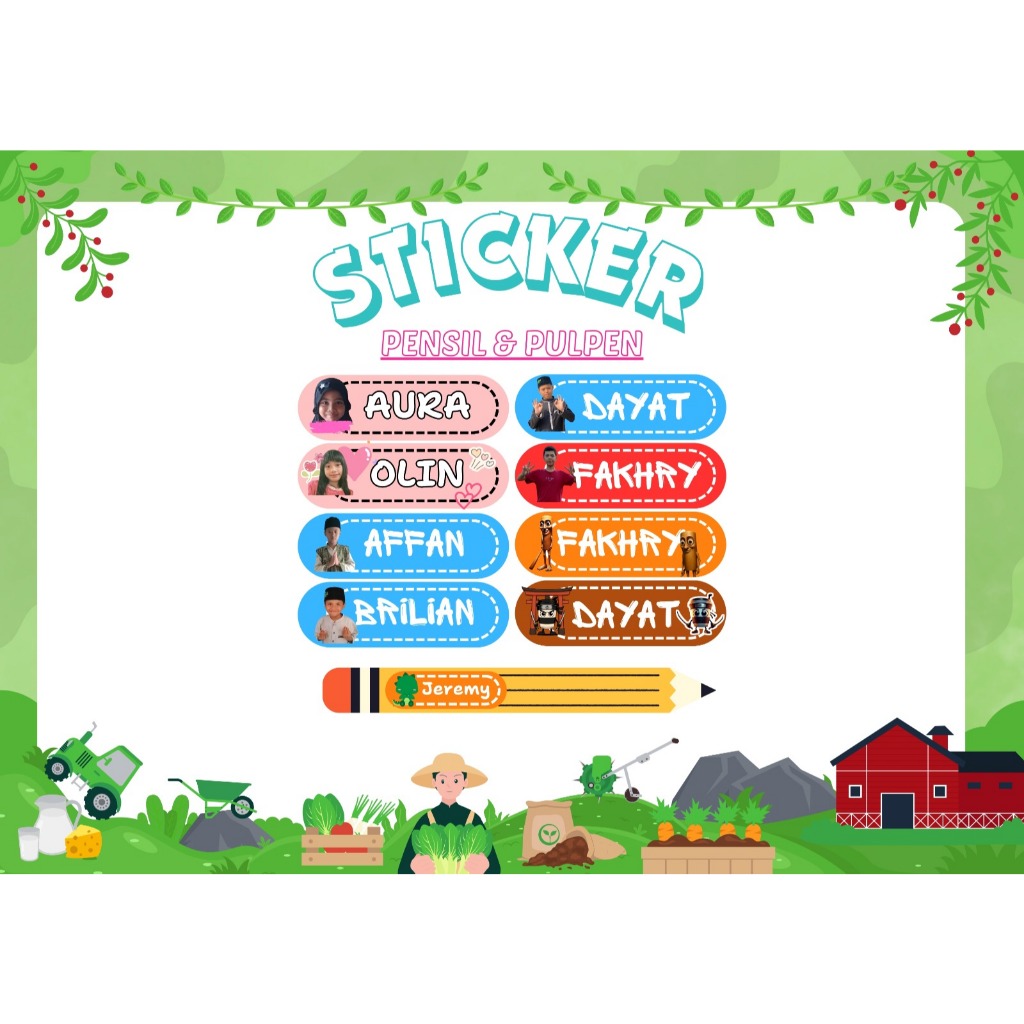 

(isi 20 Pcs) Stiker pensil custom nama karakter kartun / stiker label nama custom / stiker pulpen ballpoint custom nama / label nama anak