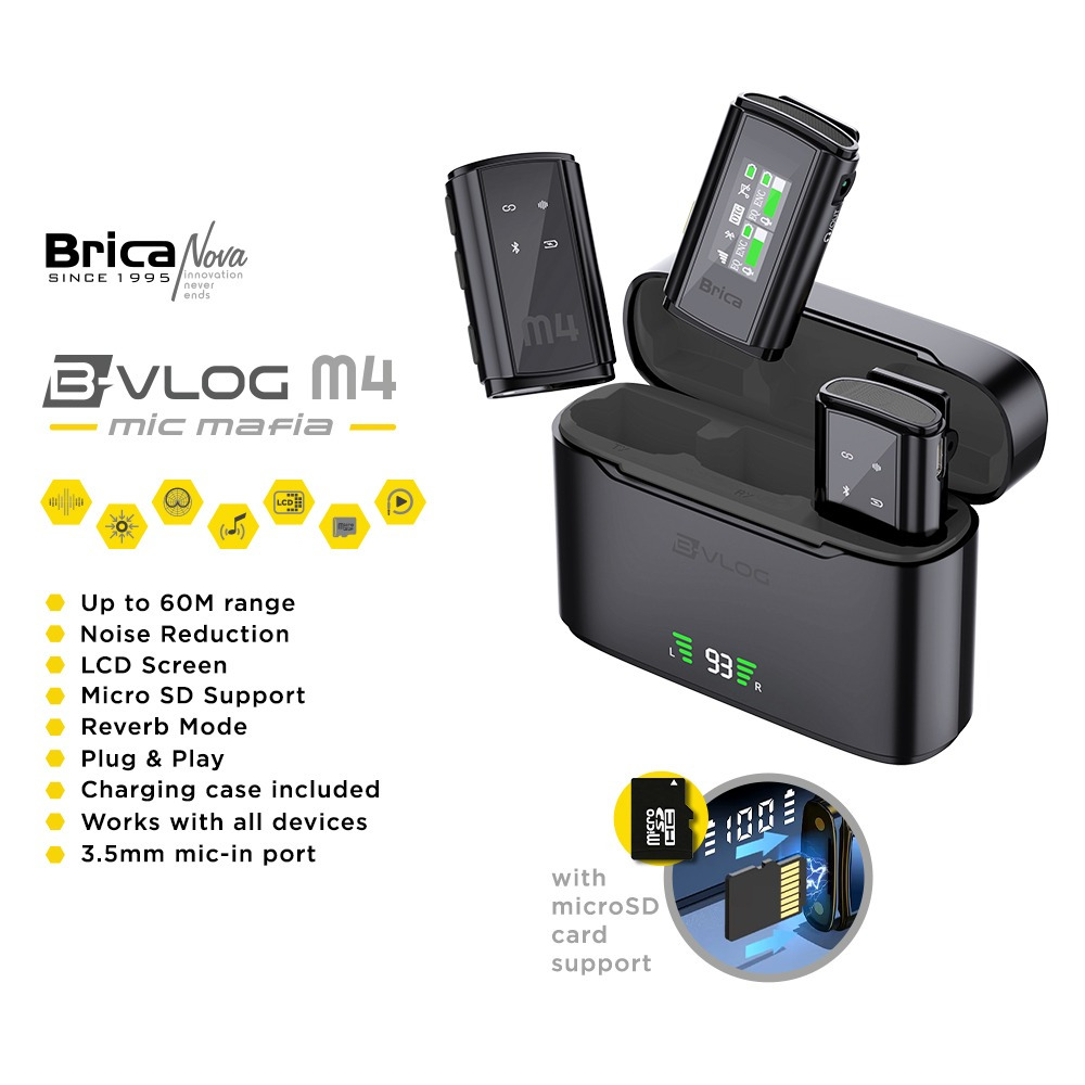 Brica B-VLOG M4 Dual Wireless Microphone - Clip On Mic Vlog - With Charging Case - BVLOG - Mic Wirel