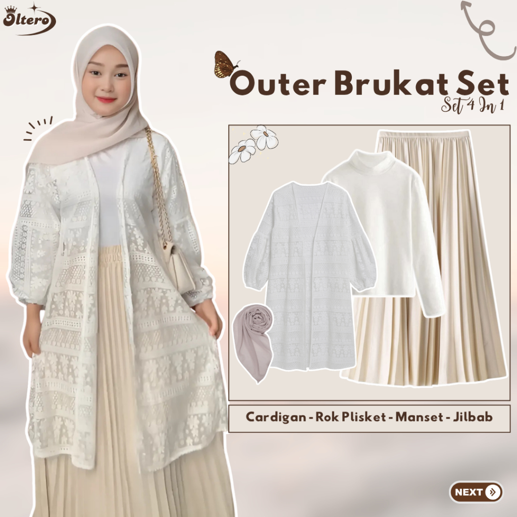 Setelan Outfit Kondangan (Cardigan + Rok Plisket + Manset + Jilbab) OOTD Hijab Style Kekinian - OL69