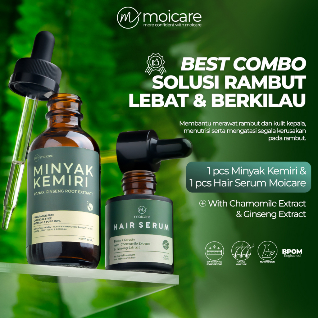 MOICARE 2 PCS PAKET Hair Serum & Minyak Kemiri Penumbuh Pelebat Rambut Hitam | Paket hair growth | P