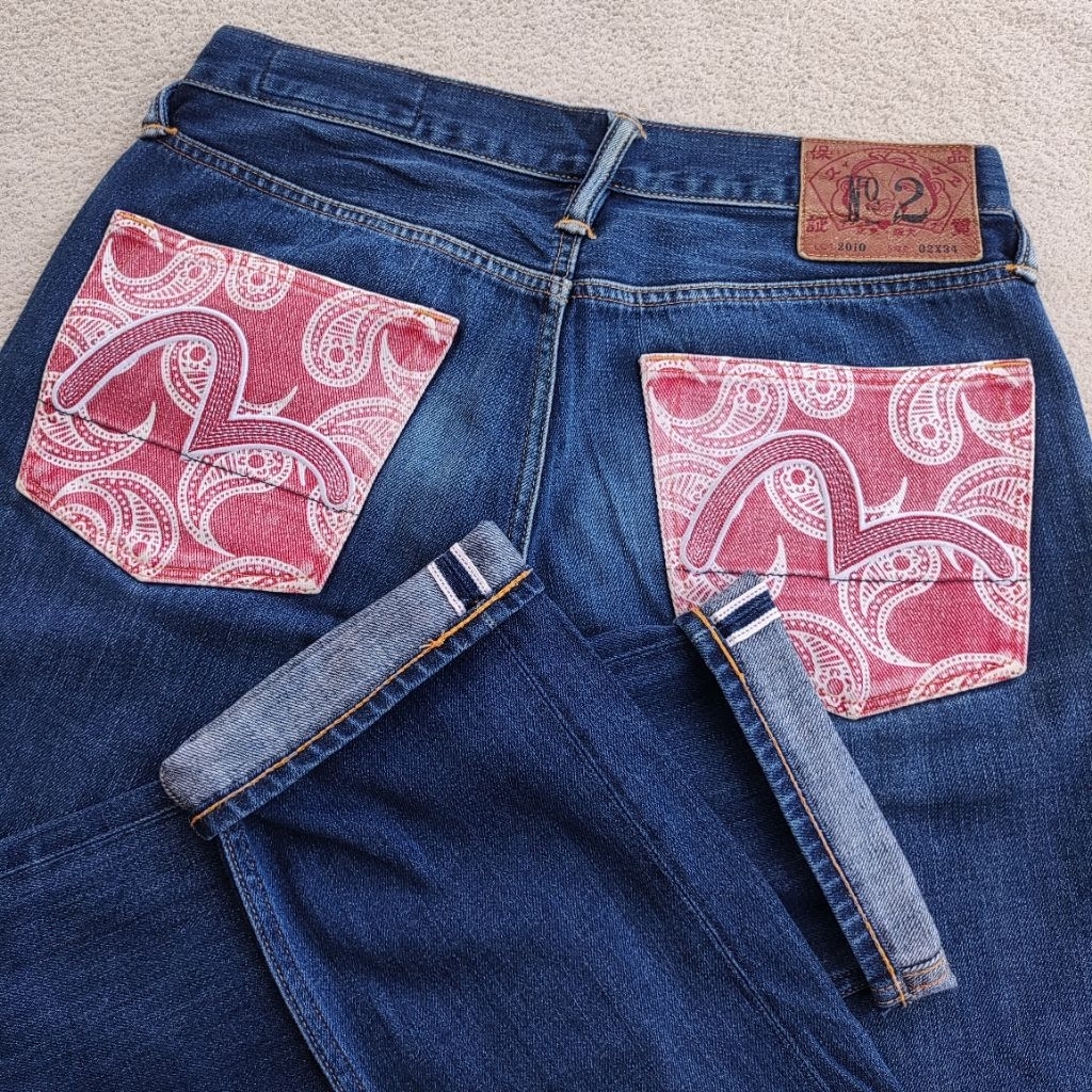 Evisu Red Paisley Selvedge Bandana Pocket Seagull Jeans