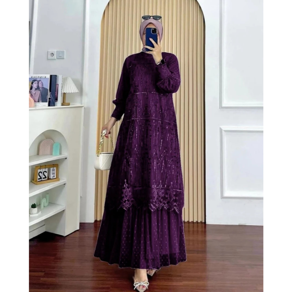 Terbaru Dres Mewah Meisya Dress Bahan Tile Dot Mix Brokat Gamis Wanita Pesta Kondangan Simpel Elegan