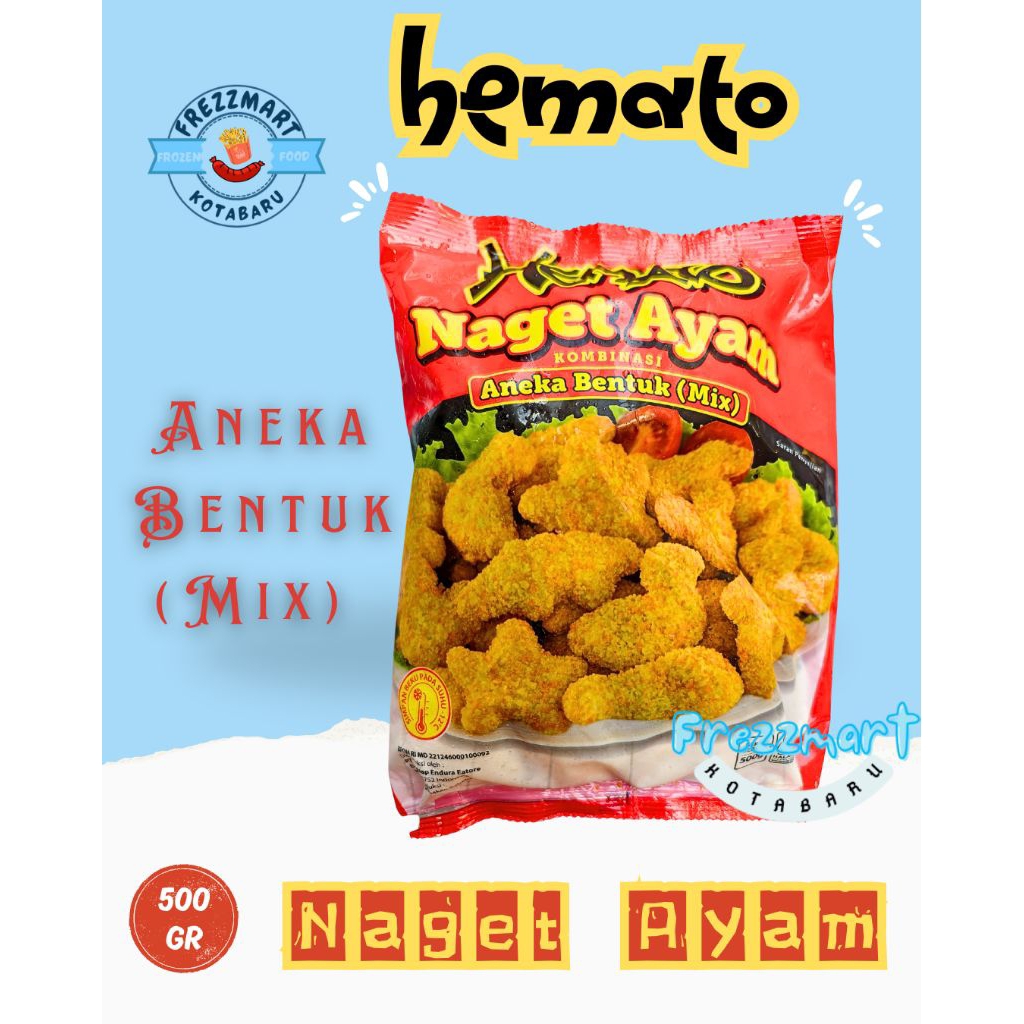 

Hemato Naget Ayam Kombinasi Aneka Bentuk Nugget Mix 500 GR Frezzmart Kotabaru