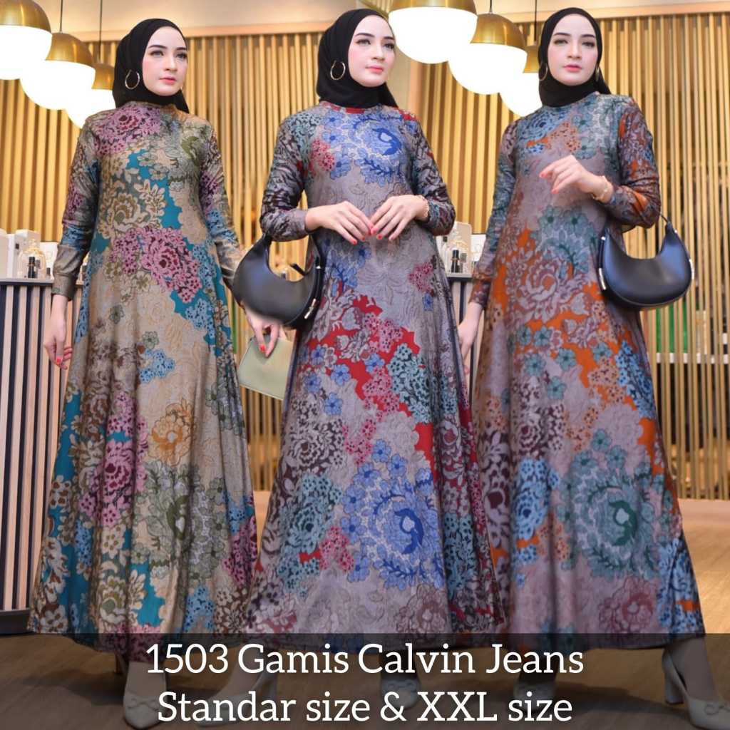 Gamis Wanita Jumbo Bahan Calvin Jeans Winasri Motif Bunga Size L XXL LD 100 110 Baju Dress Muslim