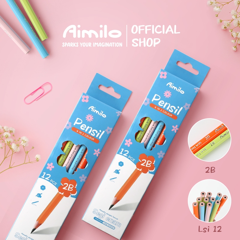 

Aimilo Pensil 2B Graphite Pencil 12PCS /Kotak 4 Warna eksterior Alat Tulis Sekolah