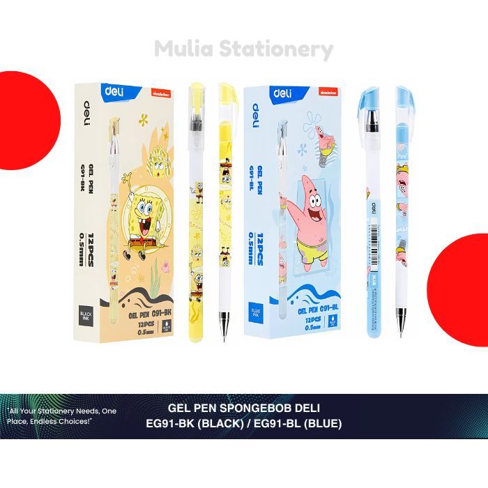 

(1 Kotak isi 12 pcs) Gel Pen (Spongebob) EG91‑BK / EG91-BL Deli | Gel Pen 0,5 mm SpongeBob | Pena Sekolah | Alat Tulis Sekolah