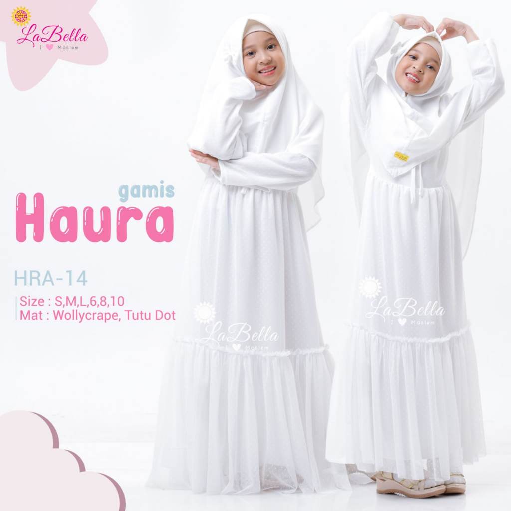 Gamis Set Haura by Labella (White) | Fullset Gamis Jilbab Hari Raya Anak Muslimah