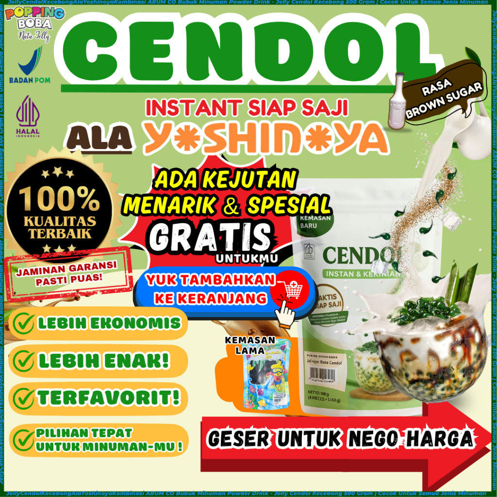 

JellyCendolKecebongAlaYoshinoyaKombinasi ARUM CO Bubuk Minuman Powder Drink - Jelly Cendol Kecebong 500 Gram | Cocok Untuk Semua Jenis Minuman