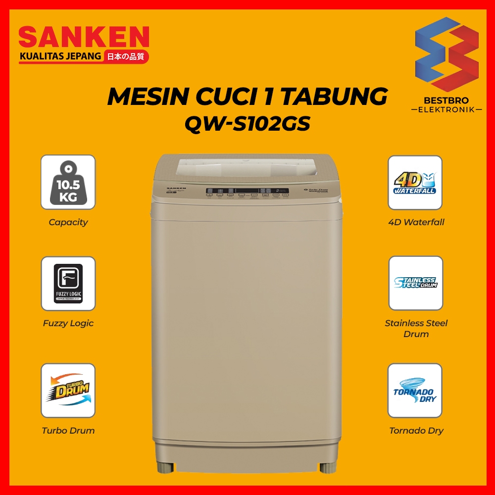 Sanken Mesin Cuci 1 Tabung QW-S102GS Top Loading 10.5Kg Gold