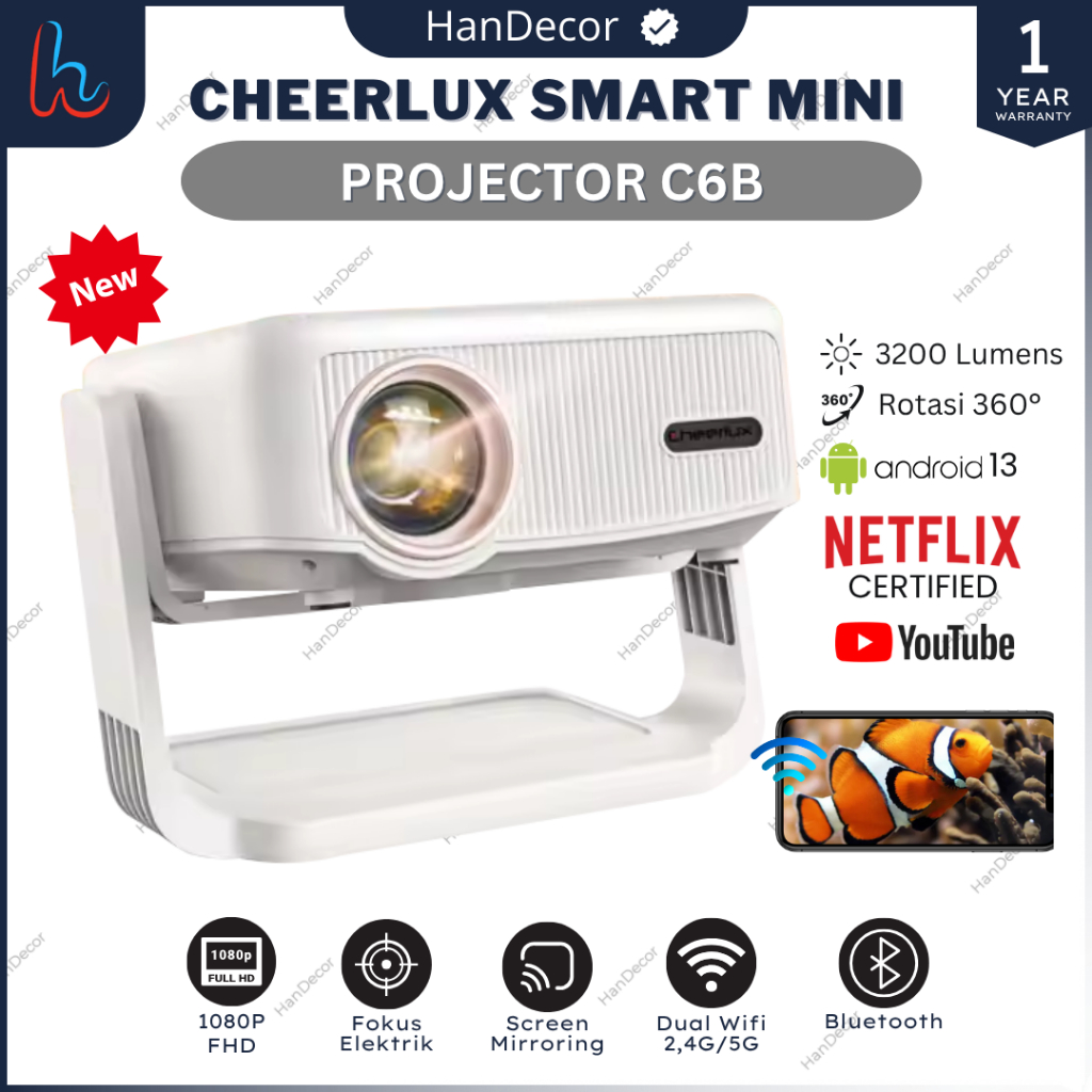 Proyektor Cheerlux C6B Android Netflix Wifi Support Screen Mirroring 3200 Lumens 1080P | Proyektor C