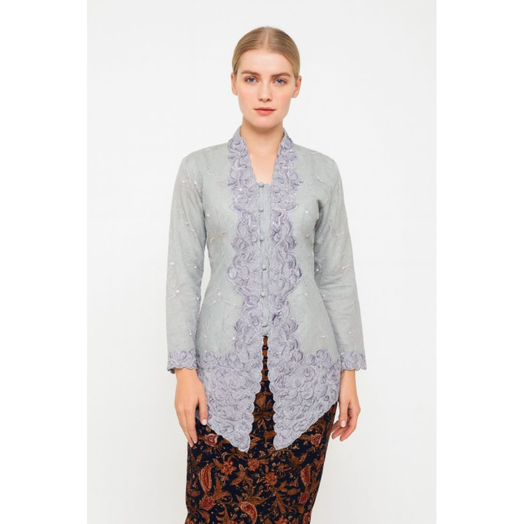 Kebaya Katun Encim Bordir Abu Silver Lengan Panjang 682