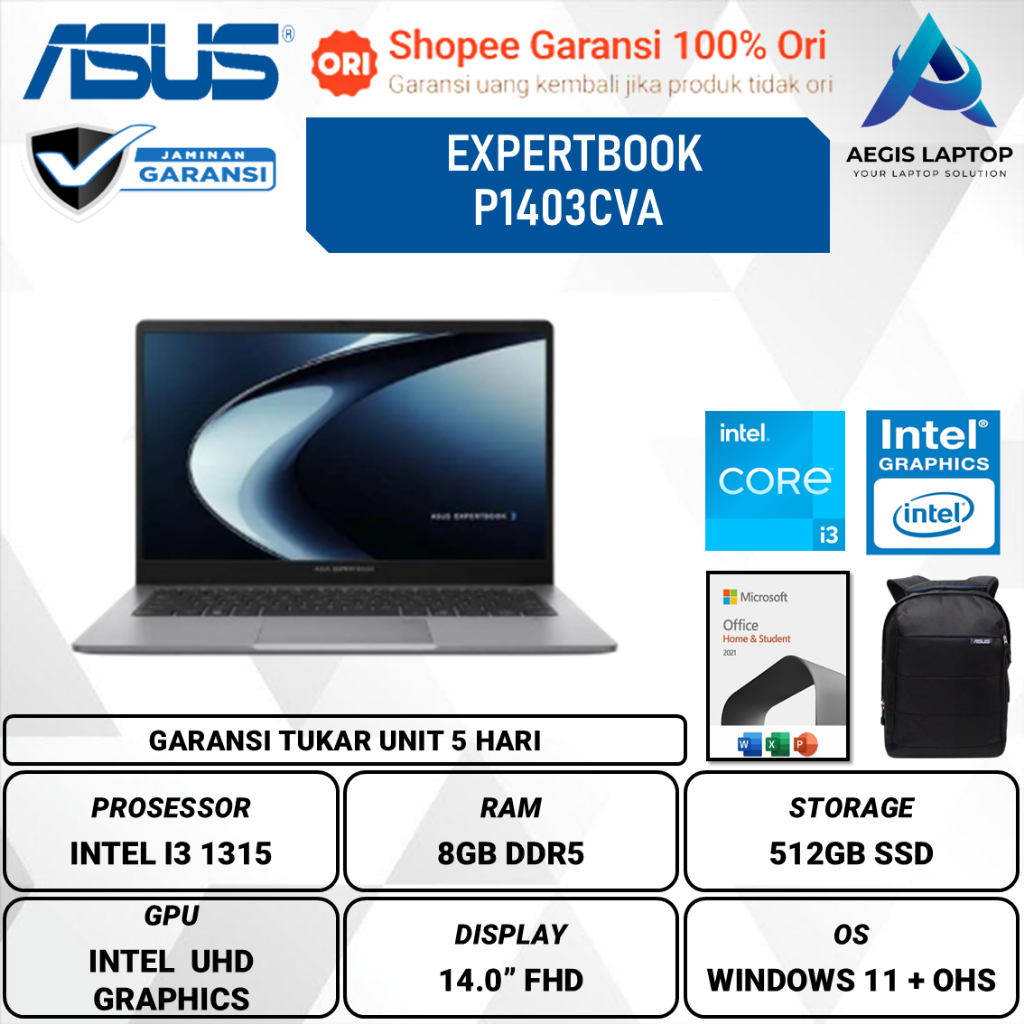 Asus Expertbook P1403CVA Core i3 1315 RAM 8Gb SSD 512Gb W11+Ohs 14.0 Fhd