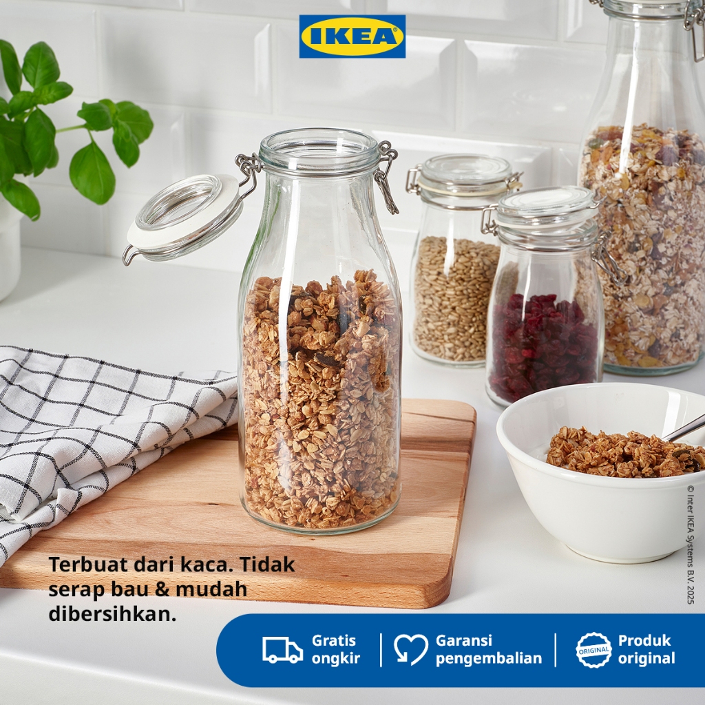 IKEA KORKEN Stoples Bentuk Botol dengan Penutup Kaca Bening 1L