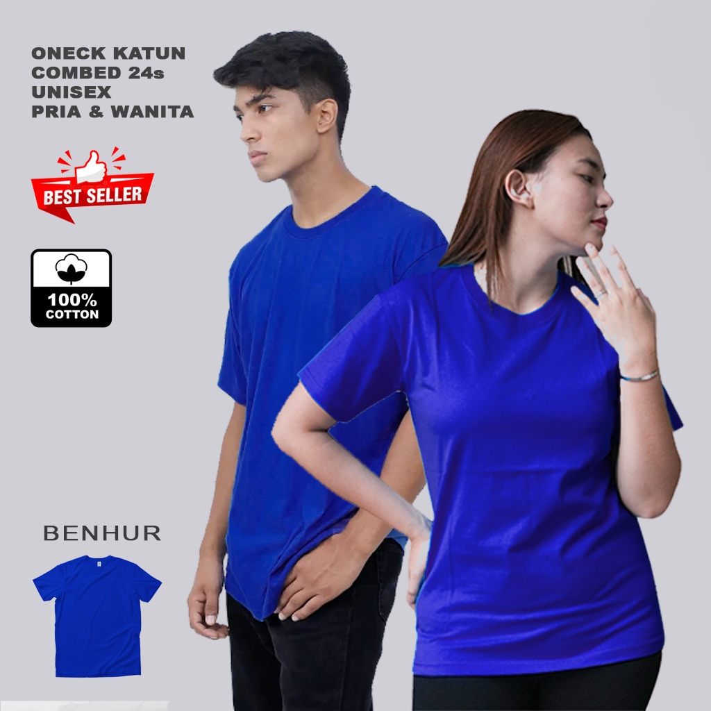 KAOS ONECK  PENDEK POLOS BIRU BENHUR 24s- KATUN COMBED 24S - UNISEX