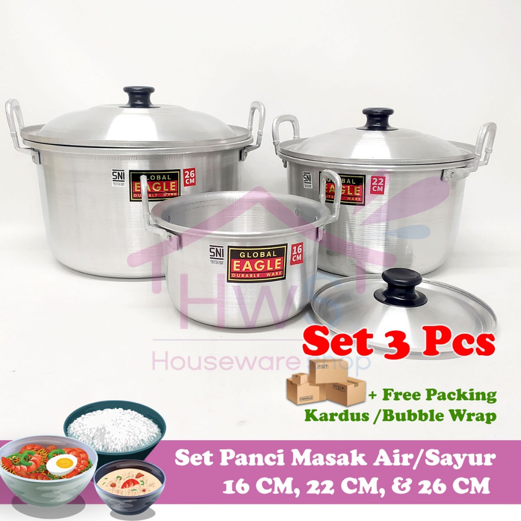 [BUNDLING] Paket 3 Panci Alumunium + Tutup 16CM 22CM 26 CM / Panci Air Tutup Luar Global Eagle