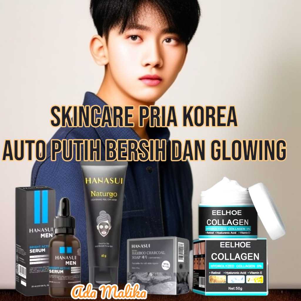 Paket Pemutih Wajah Skincare Pria Korea 4 in 1| Hanasui Men Serum & EELHOE Men Anti-Wrinkle Cream 50