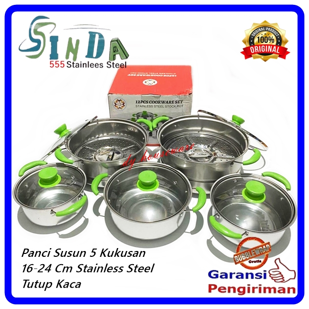 Panci Set Stainless 12 Pcs KukusTutup Stainless Kaca Panci NDO 16-24 cm Steamer Panci 5 Susun + Tutu