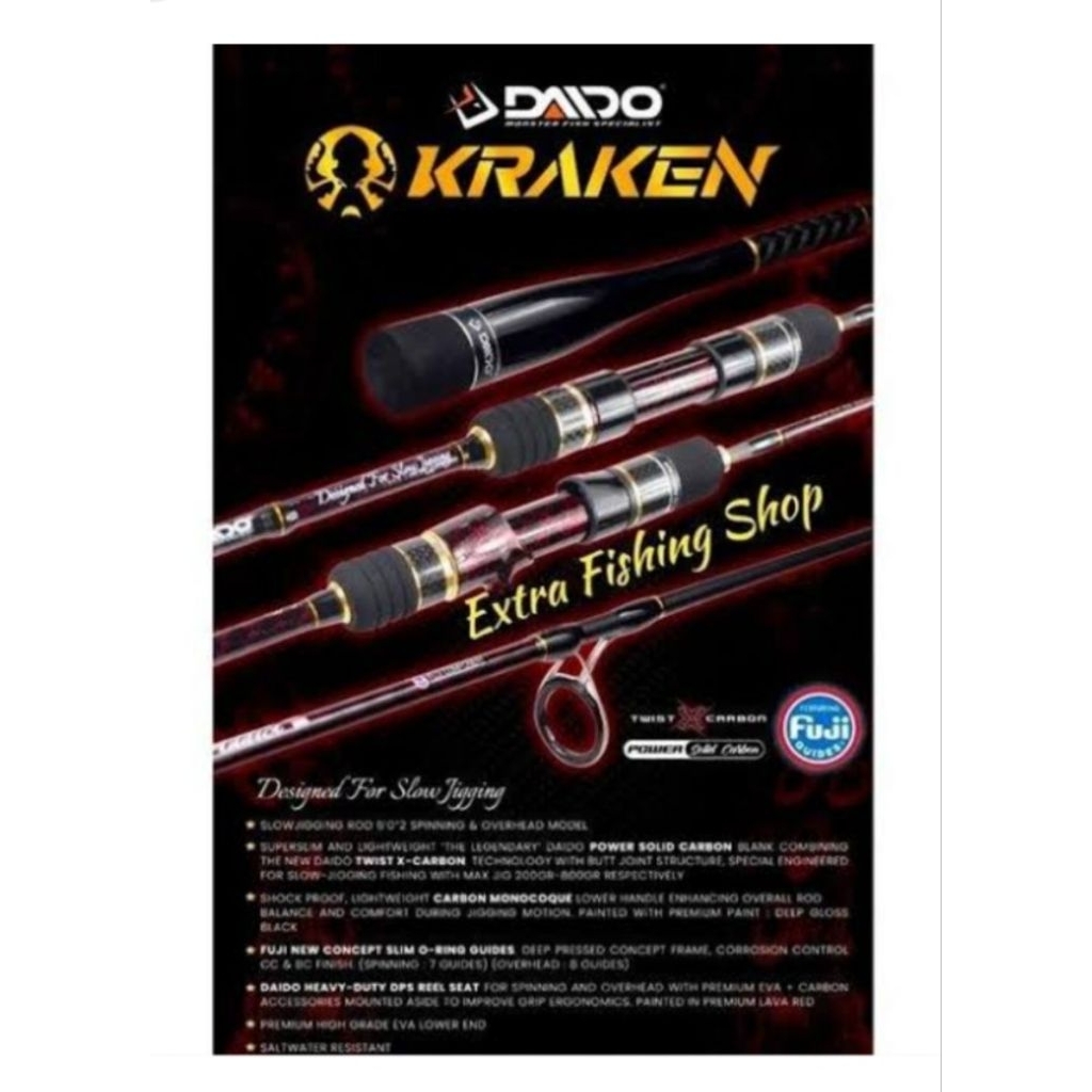 Joran Pancing Daido Kraken 180cm Solid Carbon Slow Jigging PE 08-1.5 / PE 1-3 Fuji Guide