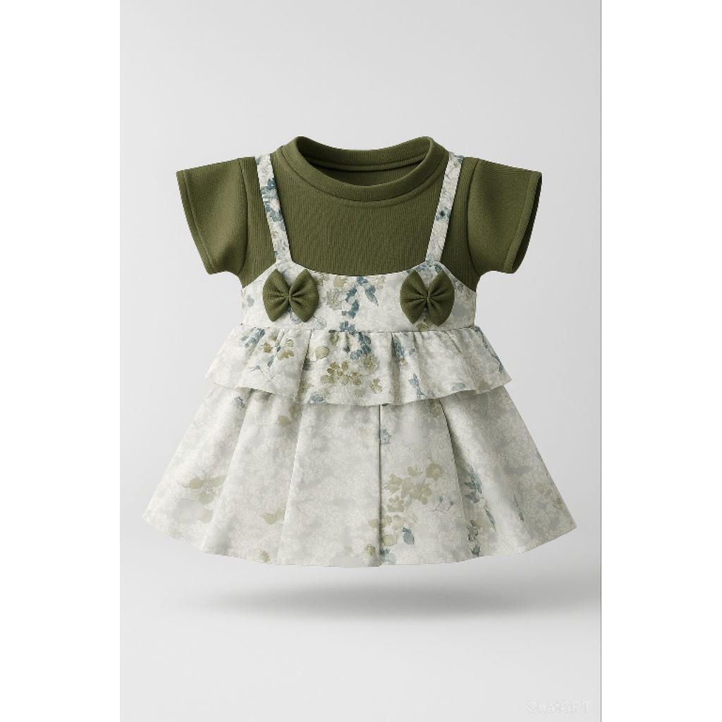 Dress Anak Perempuan Hijau Army Mix Putih Motif Bunga Model Kodok Murah Berkualitas