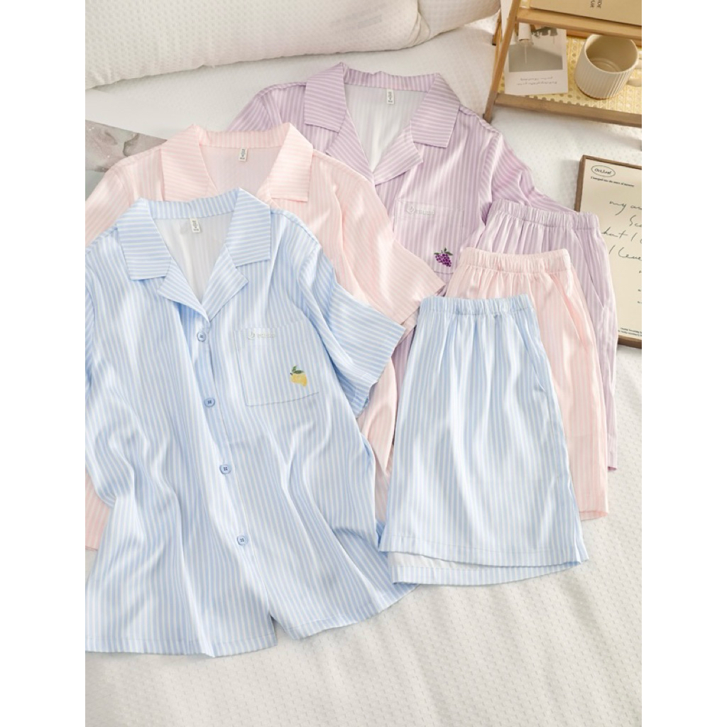 Diane Sally Motif Stripe Garis Putih Pajamas Diane Baju Tidur Diane Sally Celana & Lengan Pendek D15