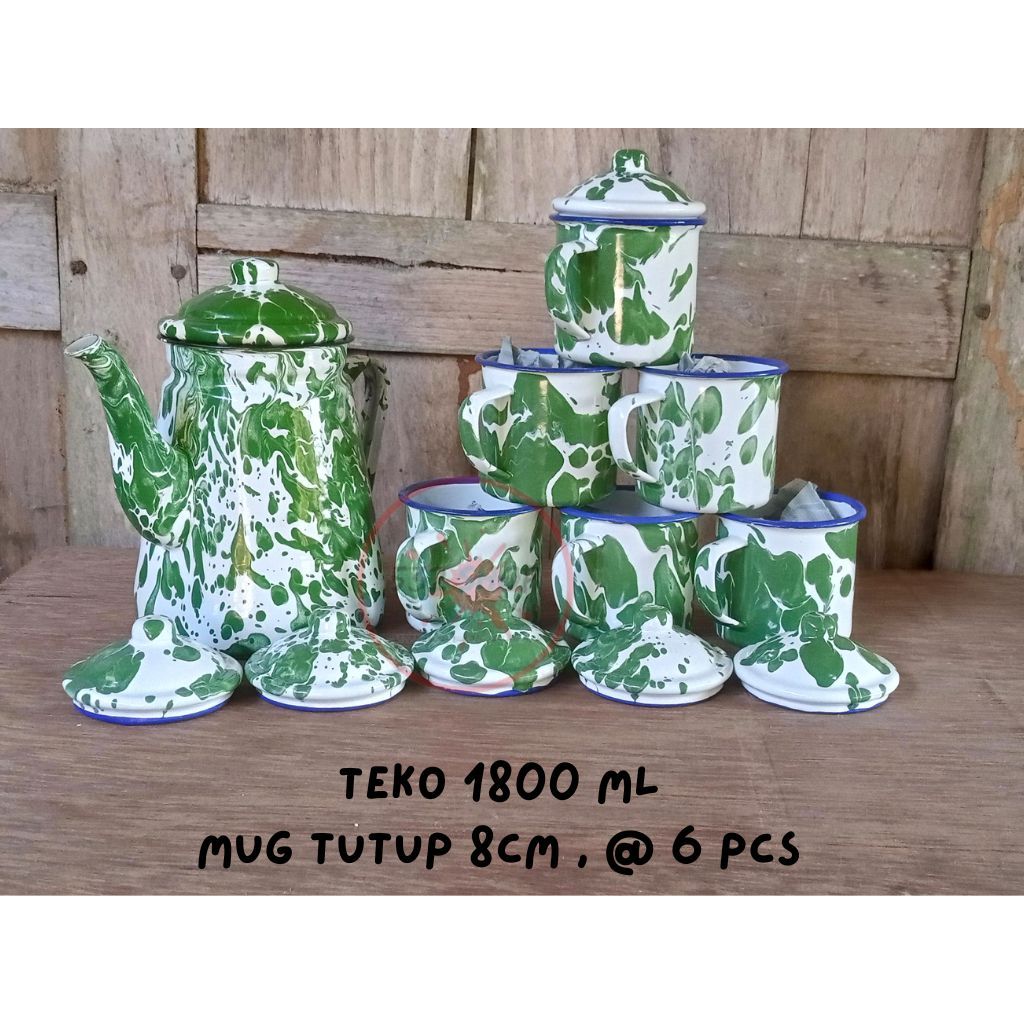 Teko Set + 6 Mug Lurik 8cm Enamel Blirik Vintage Gelas Jadul / Cangkir Blirik Enamel Set Teko Dan Mu