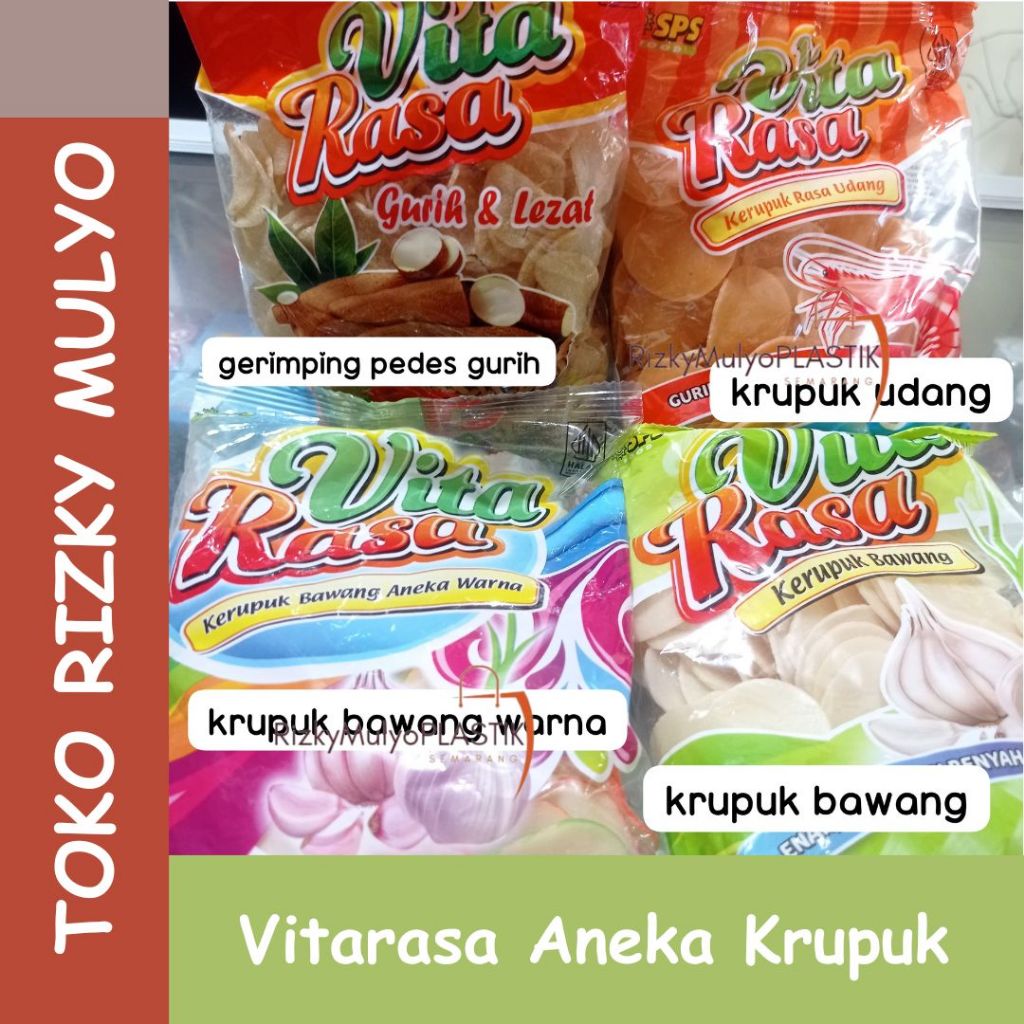 

VITARASA 200gr Aneka Macam Krupuk Bawang / Kerupuk Singkong / Udang / Ceriping Singkong Pedas Gurih / Krupuk Mentah Seblak Warna Hajatan