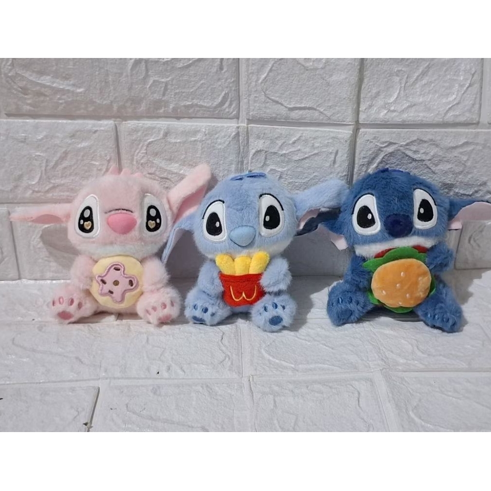 gantungan kunci boneka stitch bawa burger kentang roti mcd ganci boneka stitch angel karakter disney