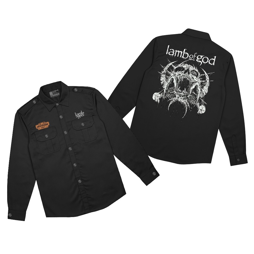 Devvogue Workshirt Pria Lamb Of God Skull Pdh Lengan Panjang Bahan American Drill