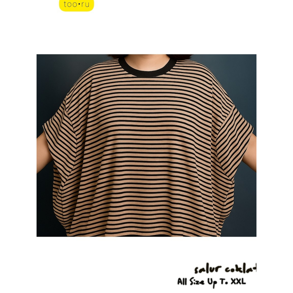 Too.ru | Atasan Kaos Kelelawar Lengan 1/2 | Atasan Wanita Kaos Katun Motif Garis Salur | All Size Up