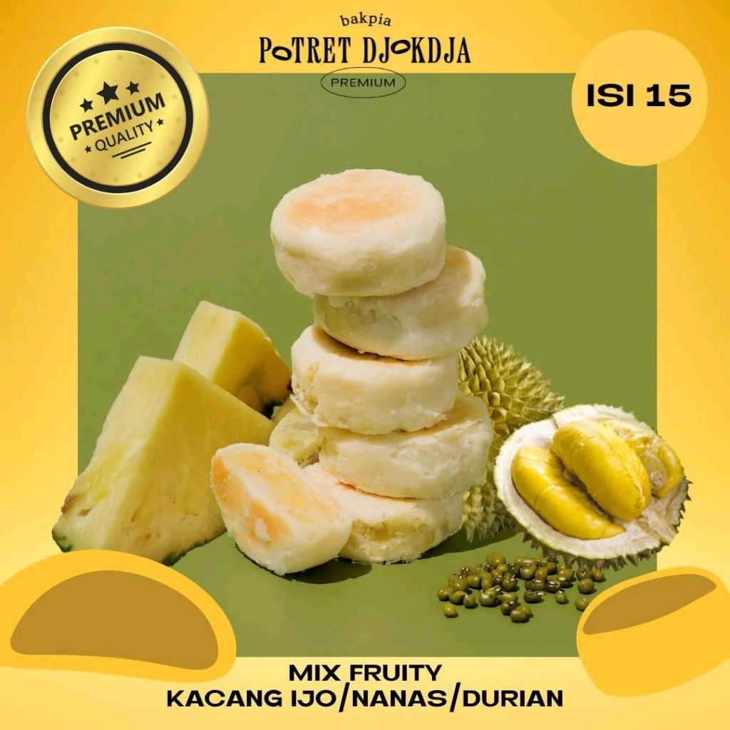 

BAKPIA MIX FRUITY ISI 15 (KC IJO+DURIAN+NANAS)-BAKPIA POTRET DJOKDJA OLEH OLEH KHAS JOGJA