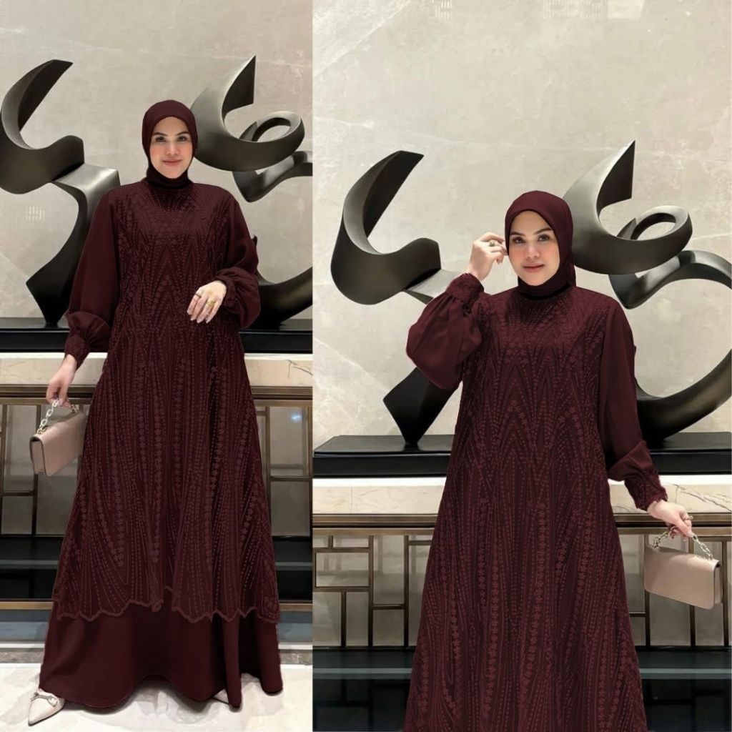 Lunna Lace Baju Gamis Lebaran Wanita Muslimah Bahan Ceruty Babydoll Mix Brukat Mewah Elegan Terbaru