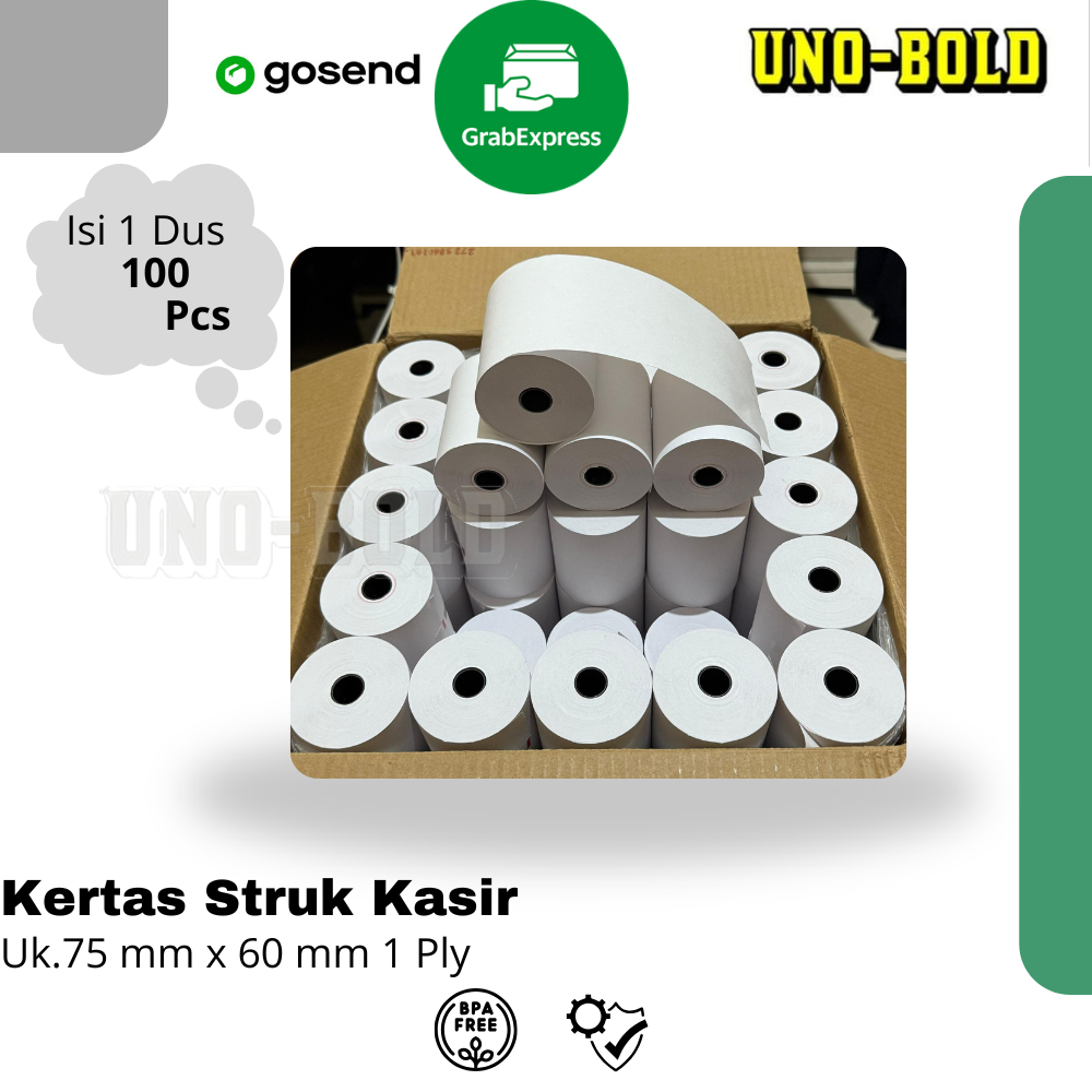 

KERTAS STRUK THERMAL PAPER ROLL 75x60 1 Ply (1 Dus isi 100 Roll )TERMAL EDC THERMAL PRINTER MINI BLUETOOTH 75x60MM