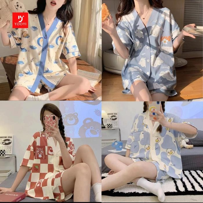 Yooyi Baju Tidur Wanita Set Dewasa Sexy Jumbo Celana Pendek Piyama HP Perempuan Model Kemeja Hot
