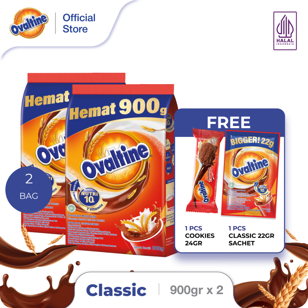 

OVALTINE Classic Susu Bubuk Coklat 900g x 2 Bag (FREE 24g Cookies & Classic 22g Sachet)