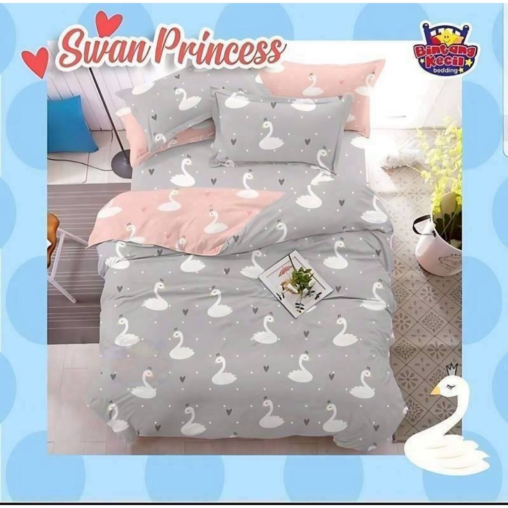 Bedcover + sprei anti geser katun star motif SWAN PRINCESS abu