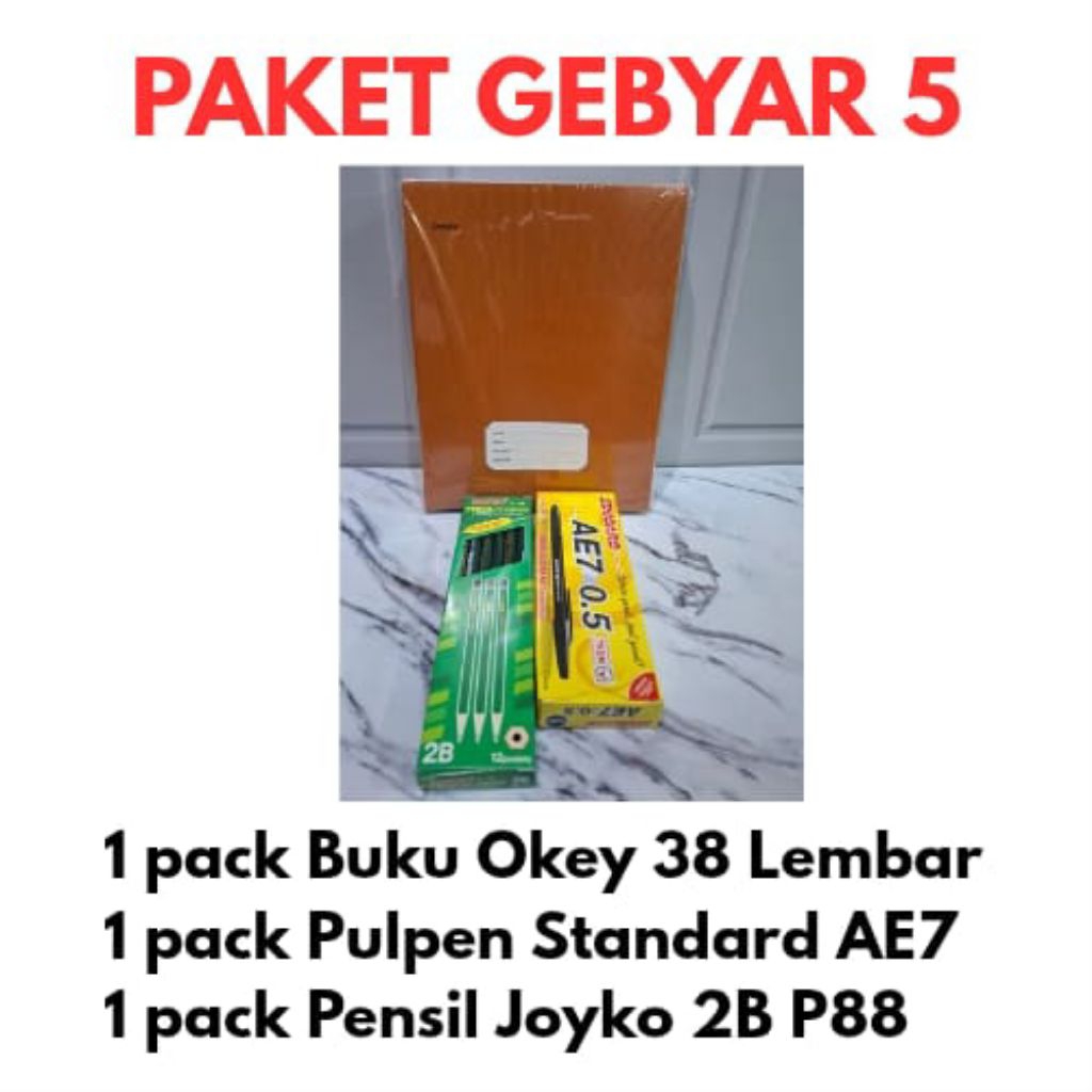 

PAKET 5 GEBYAR AGUSTUSAN 2025 (1 PACK BUKU OKEY KRAFT 38 LEMBAR + 1 PACK PULPEN STANDARD AE7 + 1 PACK PENSIL JOYKO 28 P88)