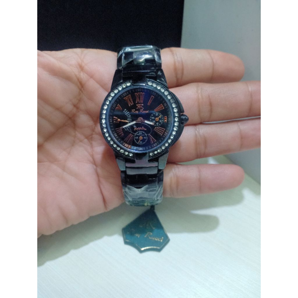 JAM TANGAN WANITA RAY RUCCI KACA ANTI GORES SAPPHIRE CRONO AKTIF RANTAI HITAM STAINLESS STEEL WATER 