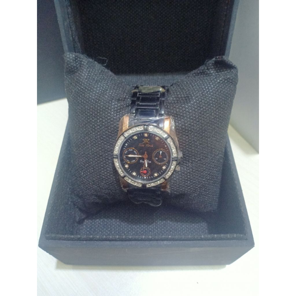 JAM TANGAN WANITA RAY RUCCI KACA ANTI GORES SAPPHIRE RANTAI HITAM CRONO AKTIF STAINLESS STEEL WATER 