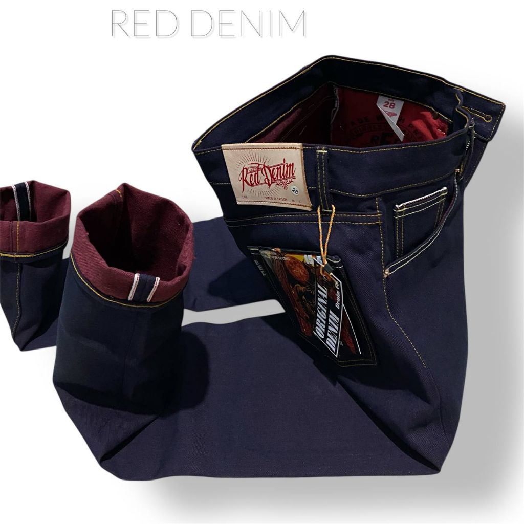 Celana Denim Selvedge Pria weft Merah 15oz, Jeans Pria Original Red Denim