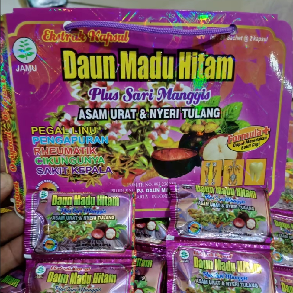 MS20 Jamu Herbal Kapsul daun madu hitam isi 20 sachet Plus Sari Manggis cap jempol ASAM URAT & NYERI