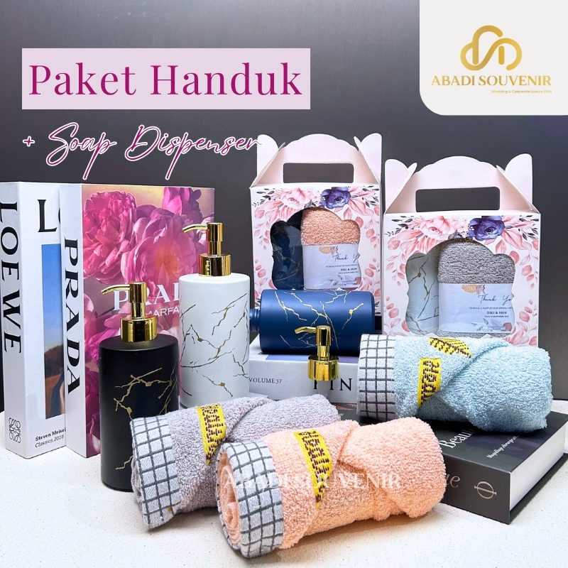 Paket Handuk dan Soap Dispenser Giftset Souvenir Pernikahan